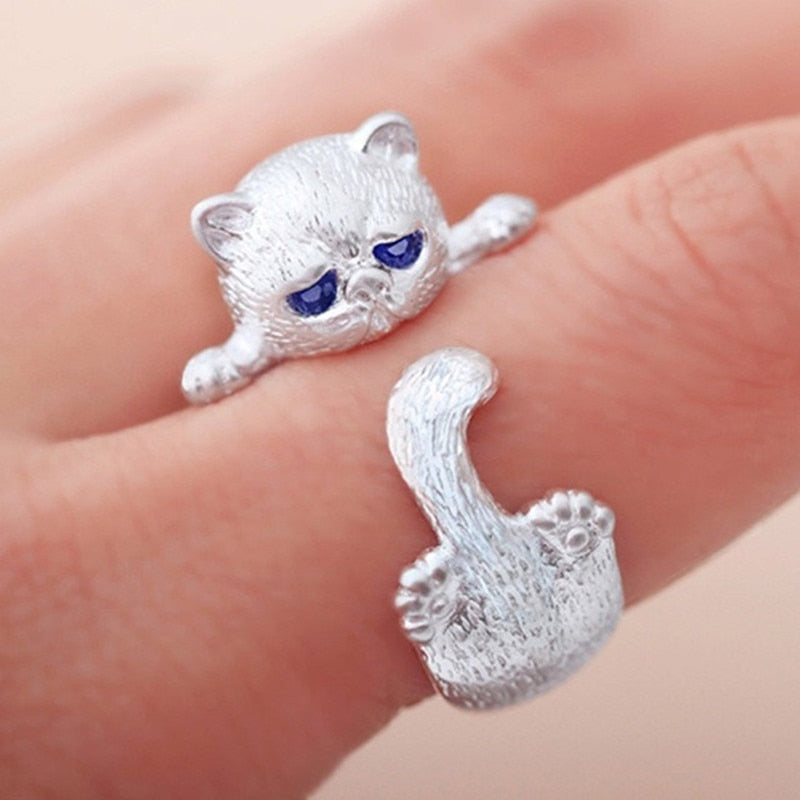 Anello per gatti in argento 925 fatto a mano con zircone cubico blu