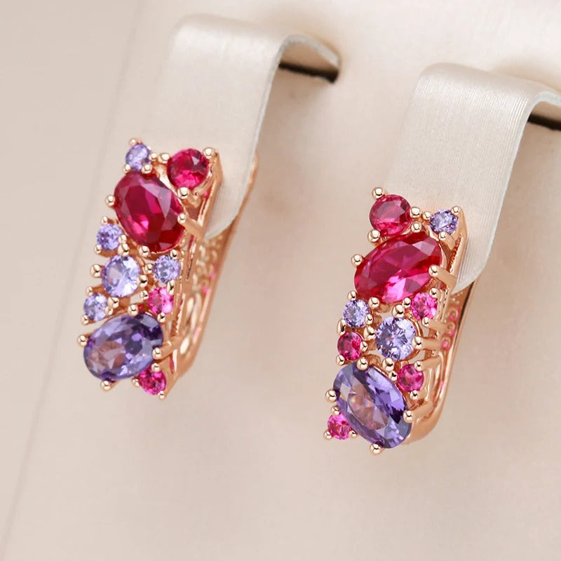 Orecchini placcati in oro rosa 18 carati Vintage viola, rosso. Orecchini in zircone naturale rosa