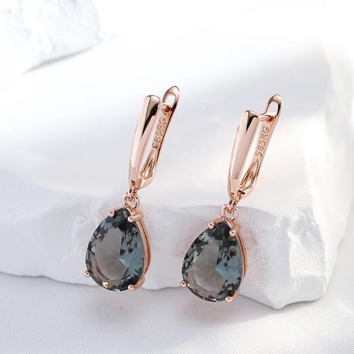 Orecchini pendenti lunghi a goccia d'acqua in cristallo grigio placcato oro rosa 18K