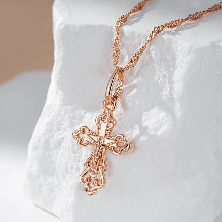 Collana con ciondolo a croce elegante placcato in oro rosa 18 carati