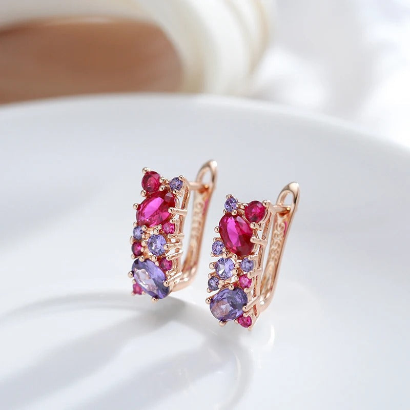 Orecchini placcati in oro rosa 18 carati Vintage viola, rosso. Orecchini in zircone naturale rosa