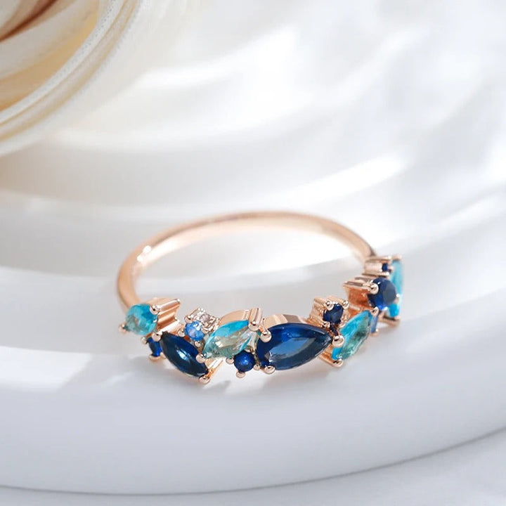 Anello pietre marine con zircone acquamarina e zaffiro in placcato oro rosa 18K