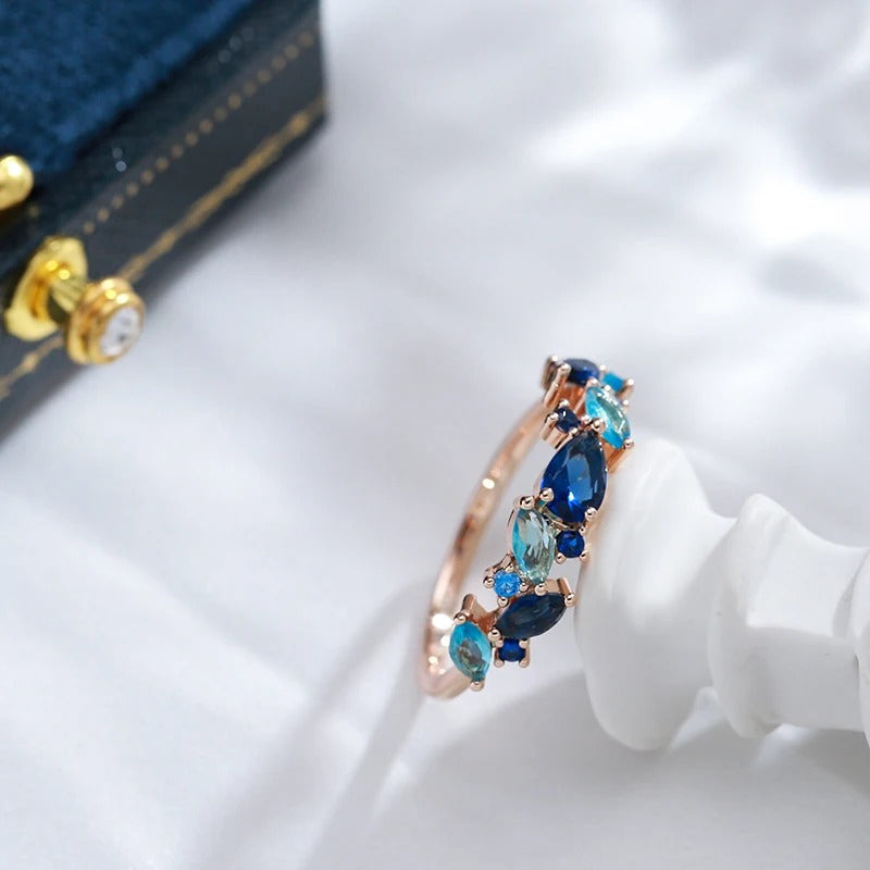 Anello pietre marine con zircone acquamarina e zaffiro in placcato oro rosa 18K